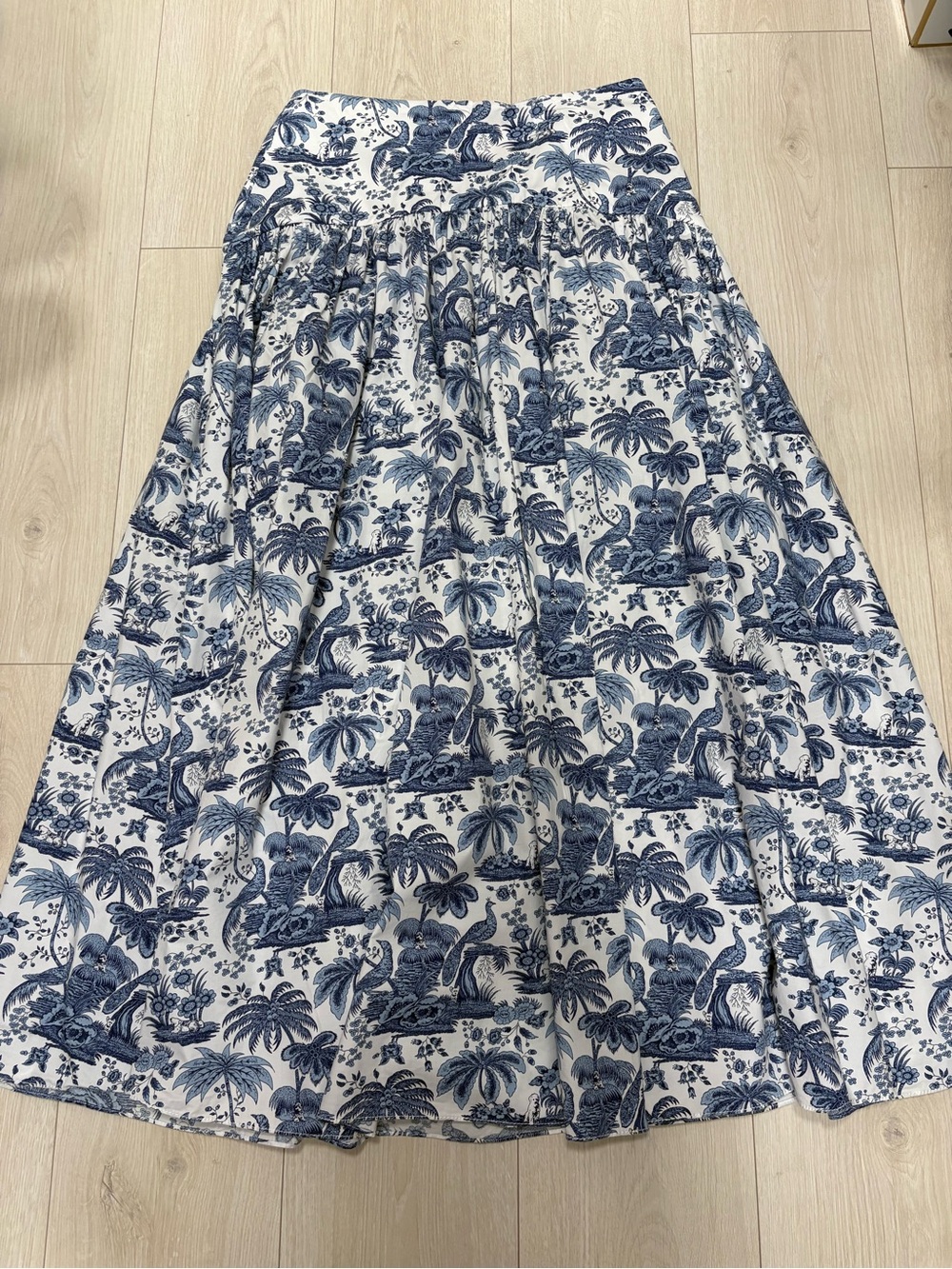 STAUD Blue & White Toile A-Line Midi Skirt